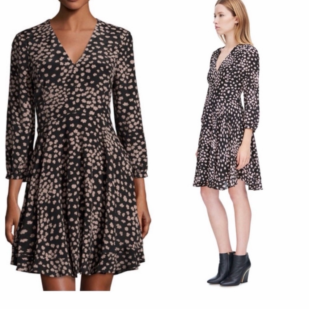Rebecca Taylor Silk Black and Pink Floral Sleeve Dress
